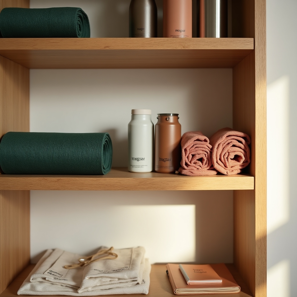 Yoga studio retail shelf with branded water bottles, mats, and apparel neatly displayed