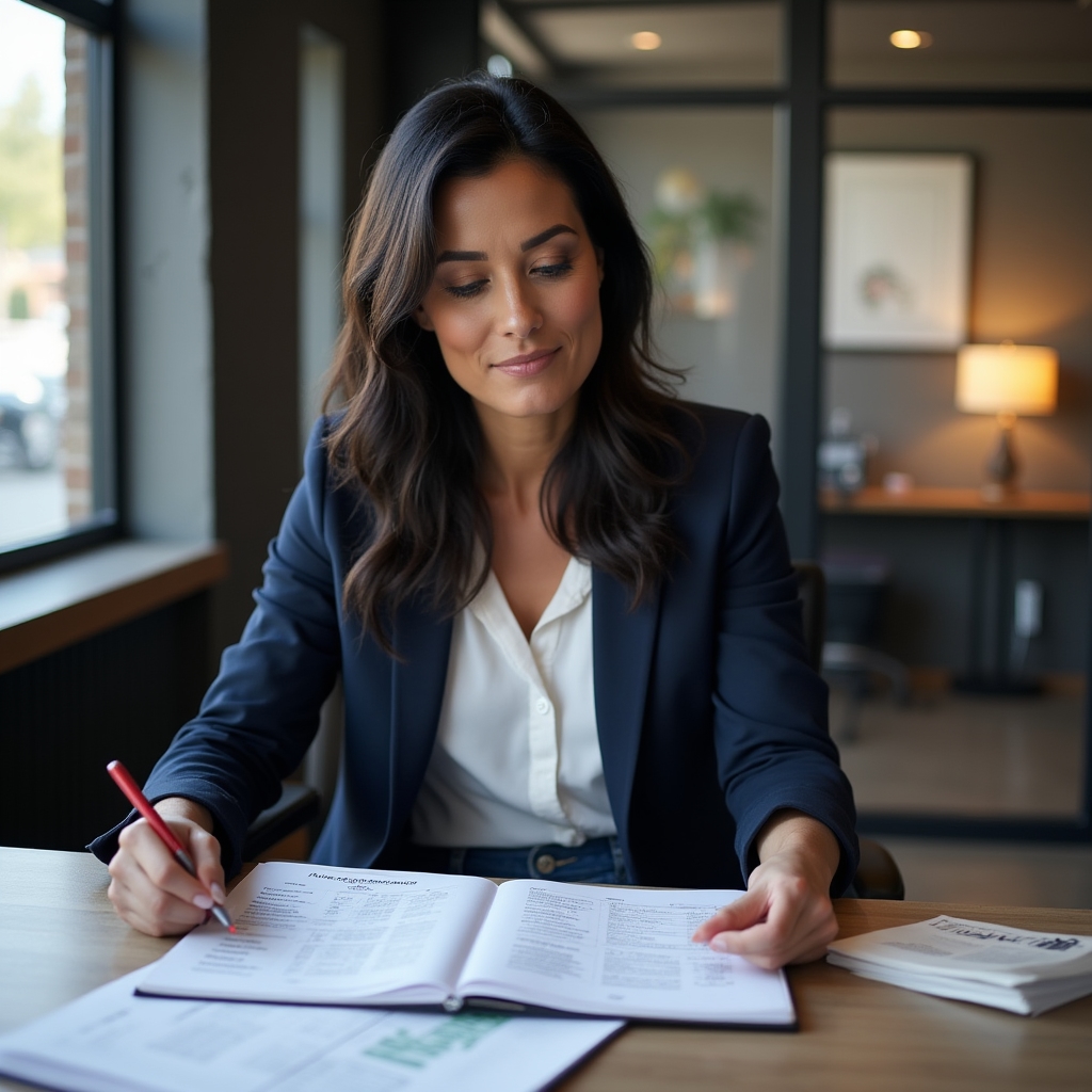Fitness studio owner sitting at desk reviewing class schedule and planning documents