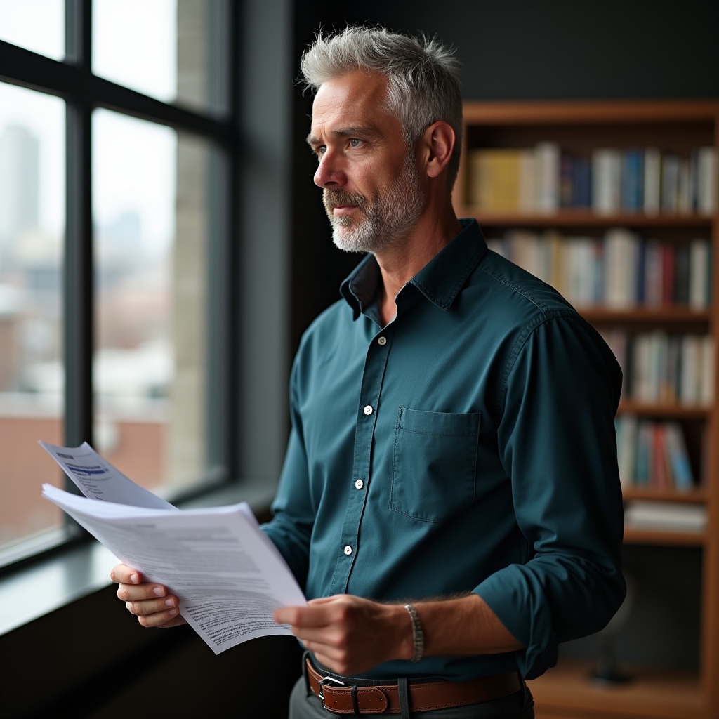 Workshop facilitator reviewing studio business materials at a professional workspace